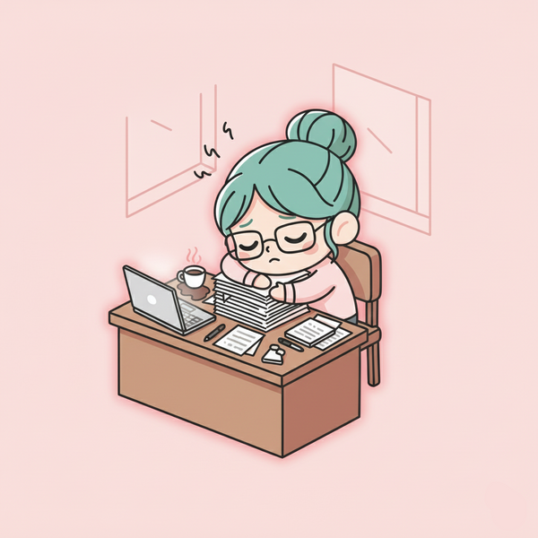 Illustration of a person with green hair sitting at a desk with a laptop and books on a pink background