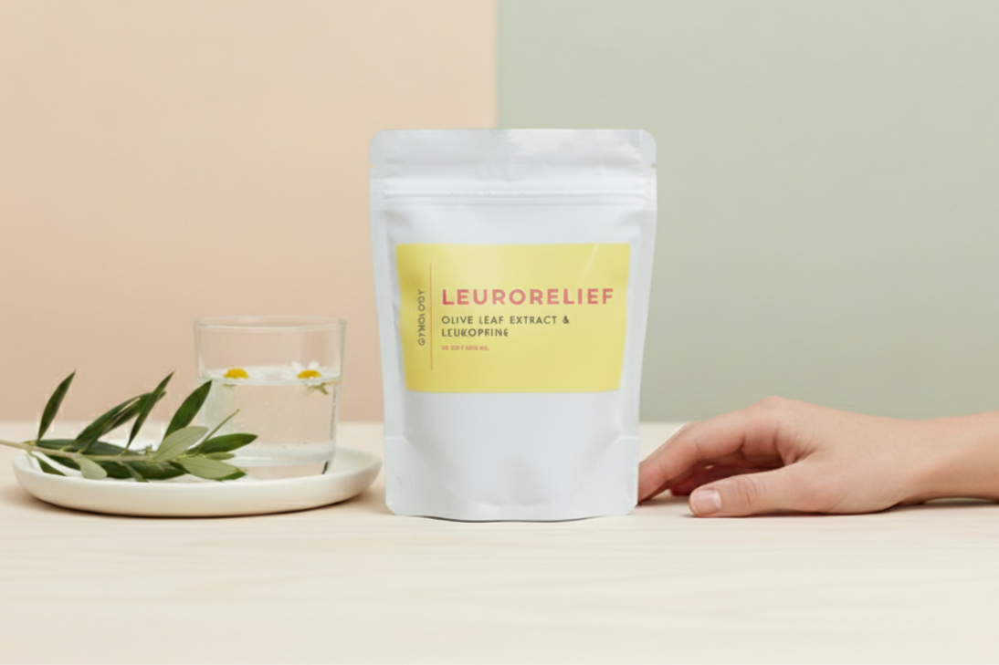 Leurorelief product packaging with a glass of water and leaves on a beige surface