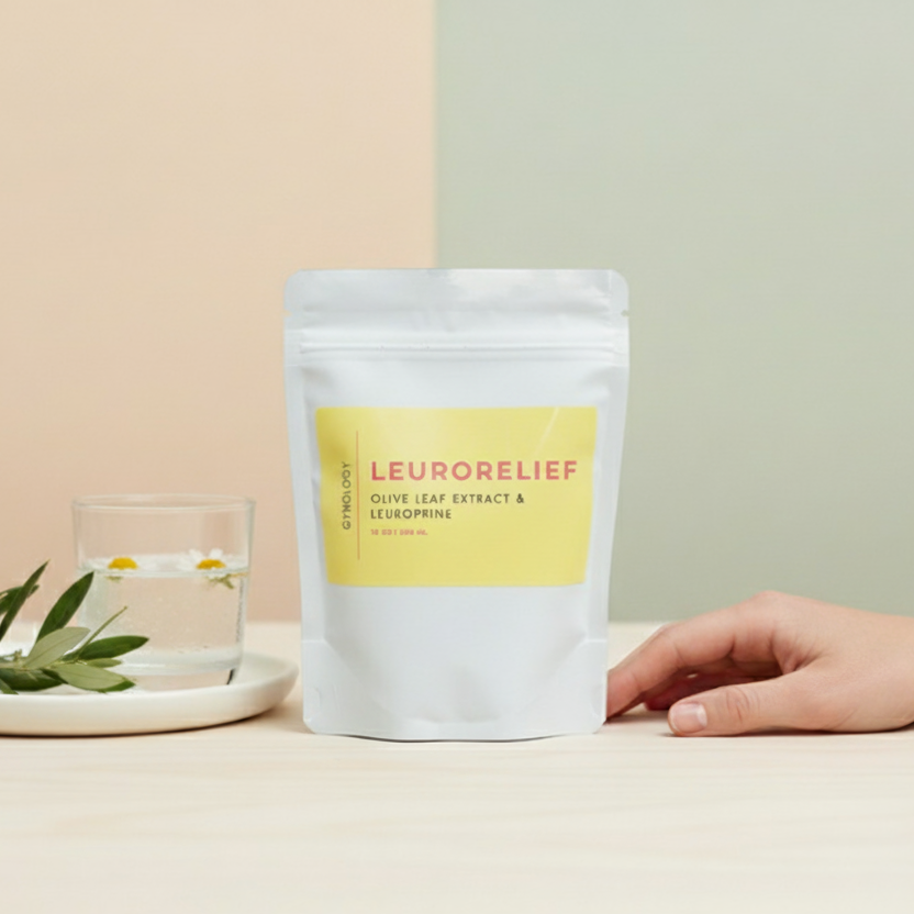 Leurorelief endometriosis pain relief package on a table with a glass of water and olive leaves.