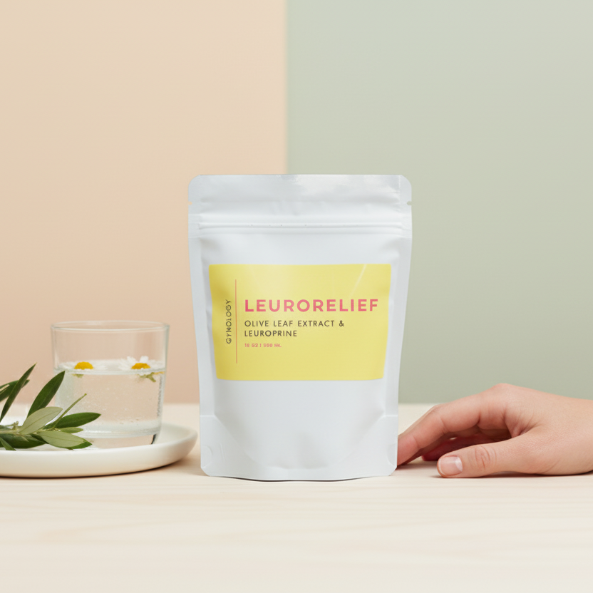Leufolrelief package with a glass of water and herbs on a beige background